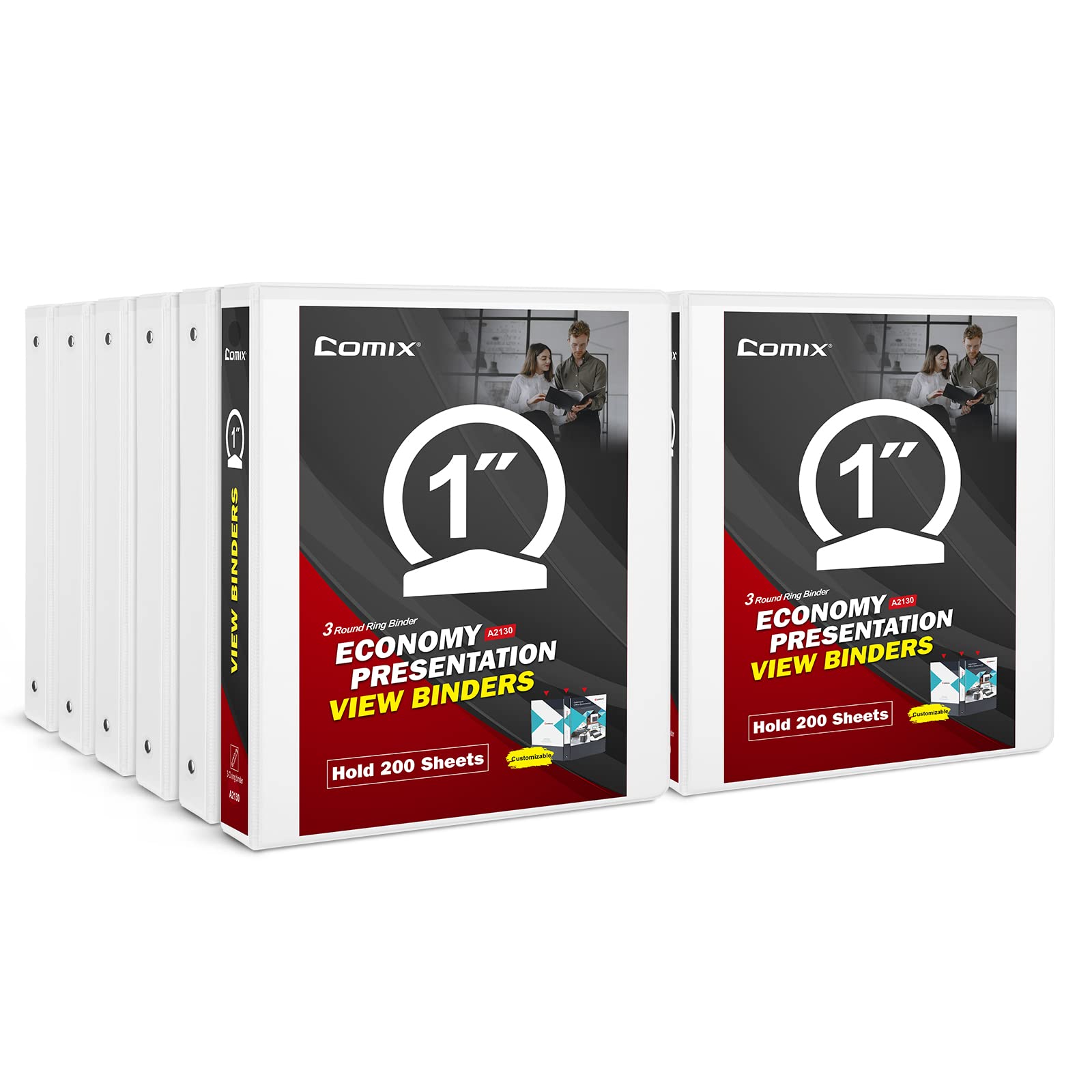 COMIX Sturdy 3 Ring Binder 1 inch with Clear View Cover, 1" Round Ring View Binder, PVC-Free, 200 Sheets Capacity of US Letter Size Paper, Office ＆ School Supplies, Pack of 12 (White)