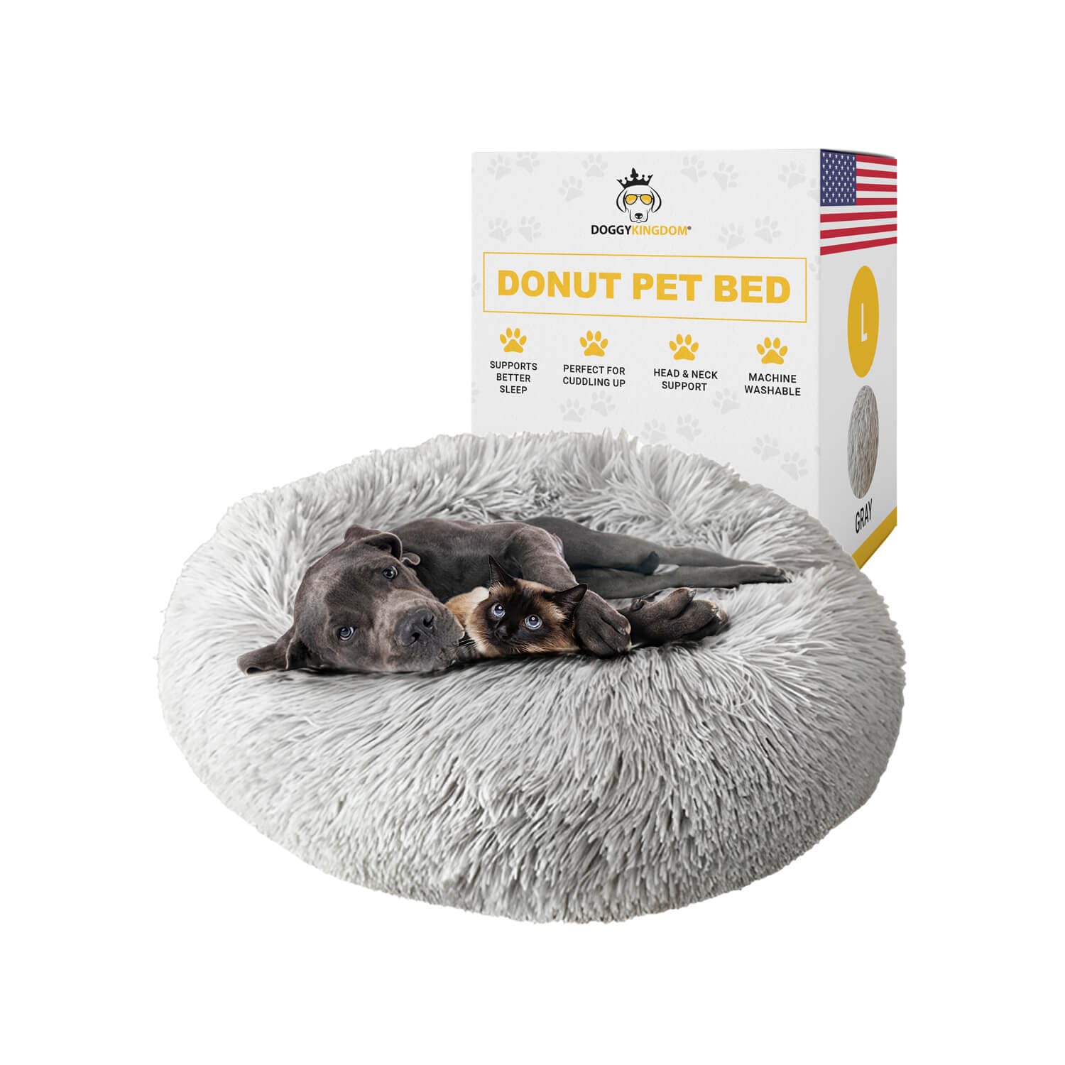 Doggykingdom Calming Round Donut Dog Bed Pillow, Washable, Anti Anxiety, Anti-Slip, Cozy Soft Cuddler Comfort Bed with Fluffy Plush Faux Fur for Large Medium Small Sized Dog - Gray, L 35 inch