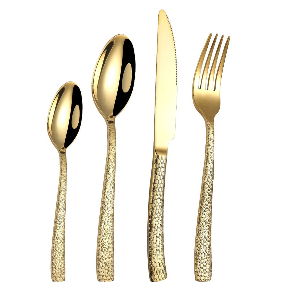 Juego de cubiertos dorados de 24 piezas para 6, juego de cubiertos de acero inoxidable, juego de vajilla moderno, juego de cucharas y tenedores para el hogar y la cocina, apto para lavavajillas