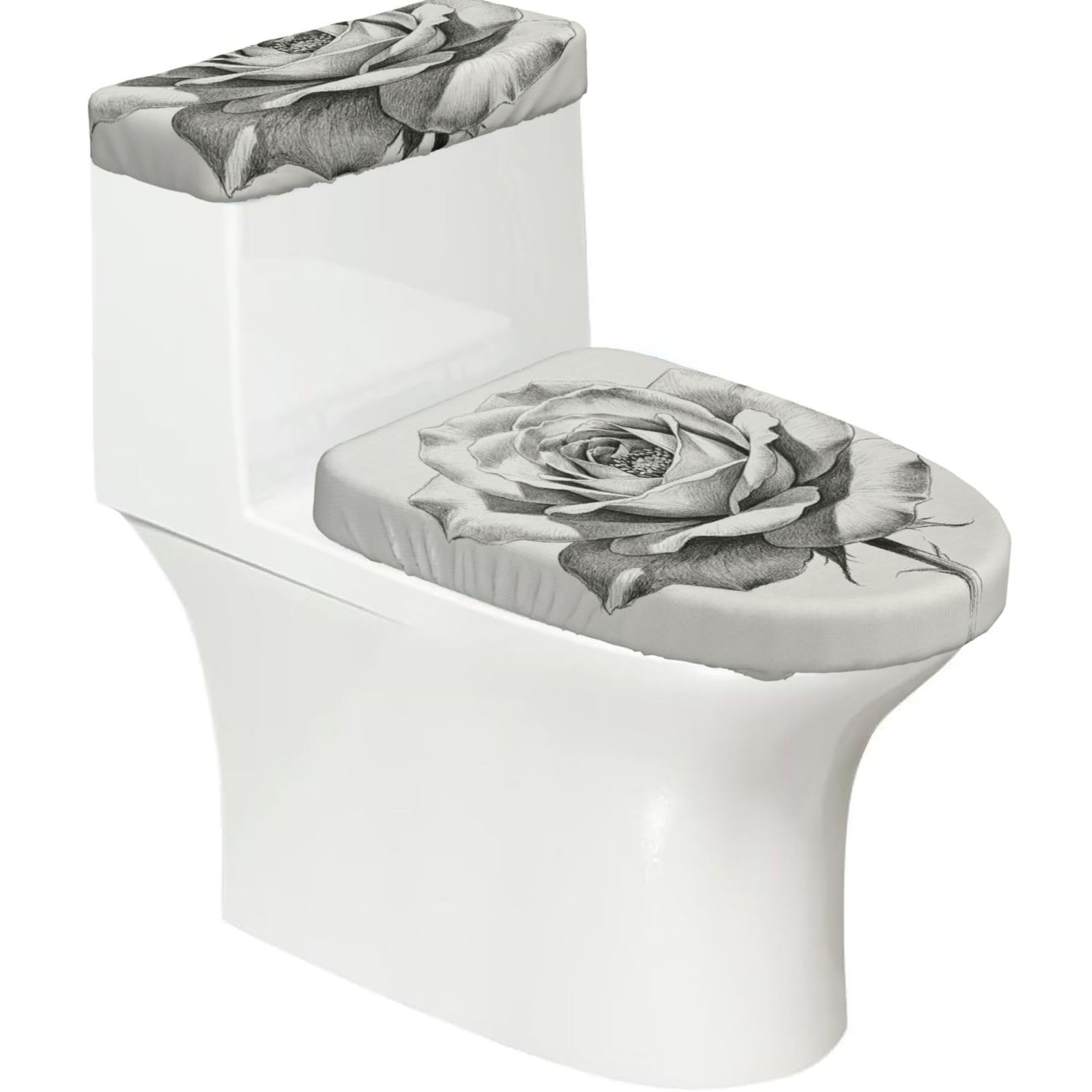 Sketch Rose Art Elastic Toilet Cover Set of 2-Stretchy Lid and Tank Covers for Bathroom, Soft Washable U Shape Toilet Decor
