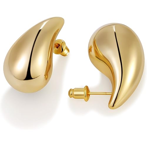 Gacimy Gold Teardrop Earrings Dupes for Women, Chunky Gold Earrings for Women with 925 Sterling Silver Post, 14K Gold Tear Drop Earrings for Women