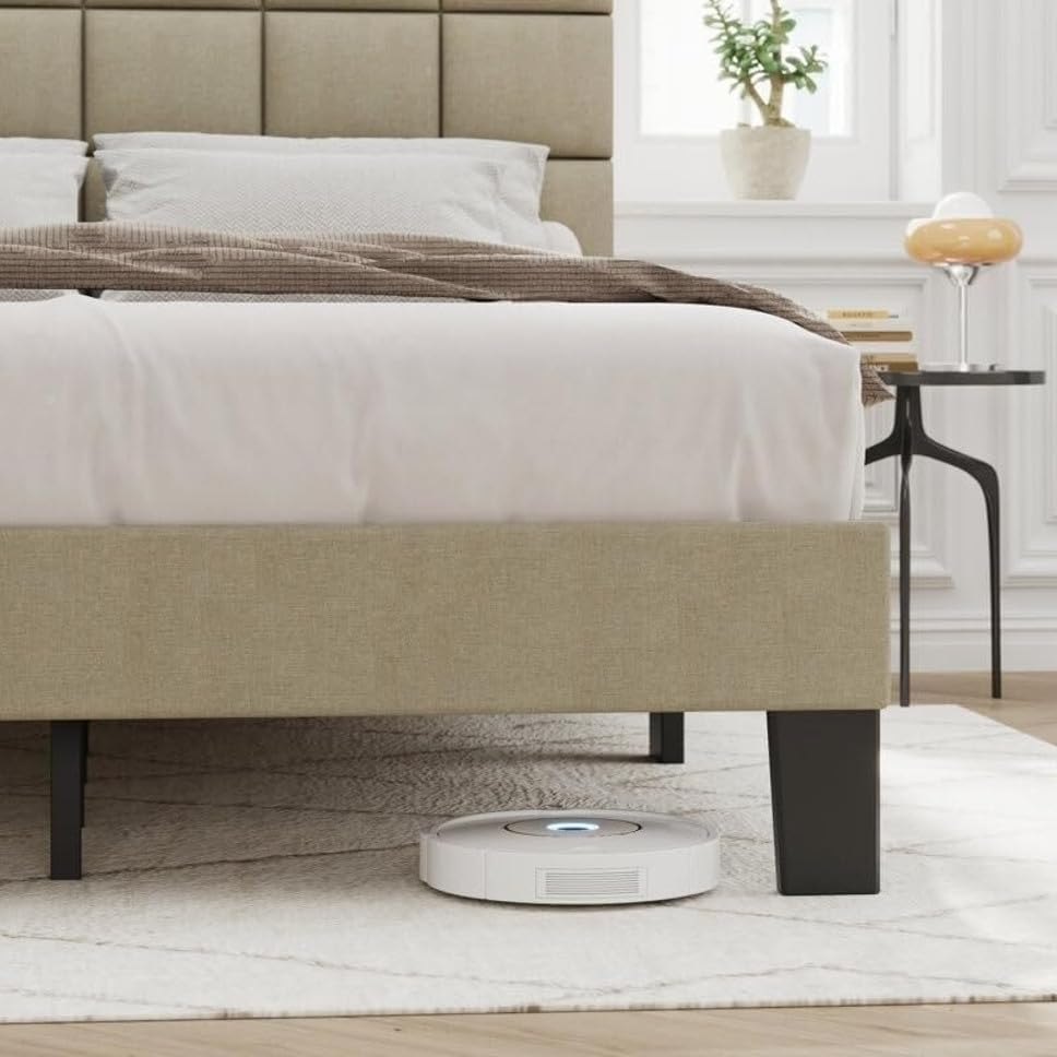 Image of Wooden Modern Upholstered King Size Bed for Bedroom | Wooden Double Bed Without Storage | Platform Cot Upholstered Bed with Upholstery Fabric | Engineered Wood | 6.5 x 6 Ft | Ivory