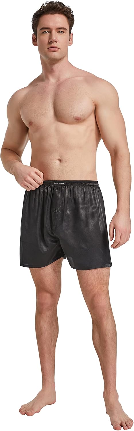 TONY AND CANDICE Men's Satin Boxer Briefs Pack, Silk Feeling Sleep Shorts Underwear with Fly for Men - Image 3