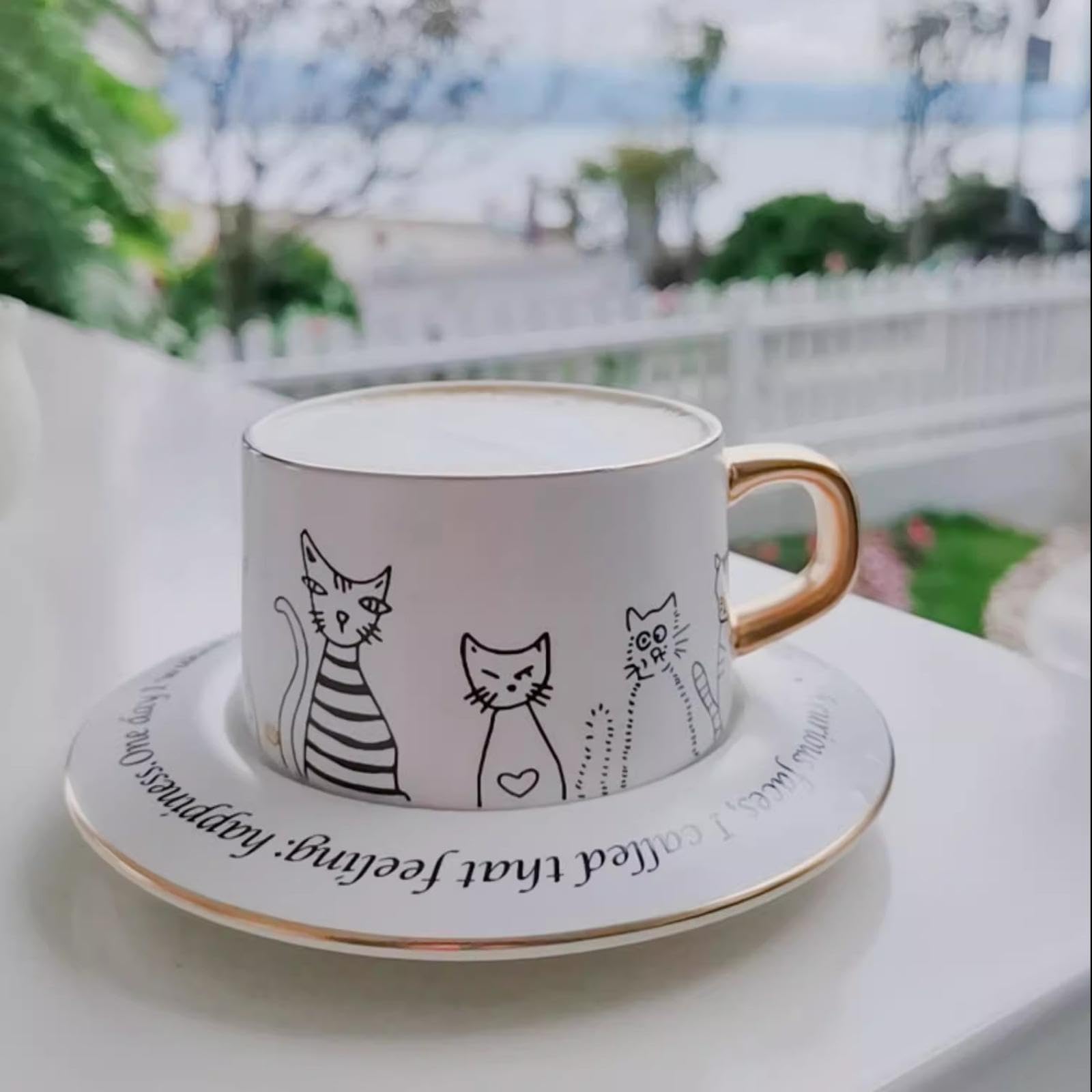Ceramic Cat Motif Coffee Cup and Saucer Set, White Ceramic Mug With Plate, Classic Cup for Milk, Juice, Latte, Tea, Cappuccino, Mocha