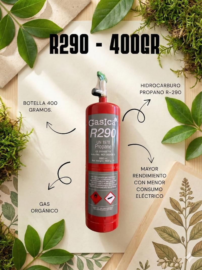 2 Envases con Manguera de Gas Refrigerante R290 Alta Pureza | Ecológico | Máxima Eficiencia Energética | Compatible con Aires Acondicionados, Bombas de Calor y Equipos de Refrigeración