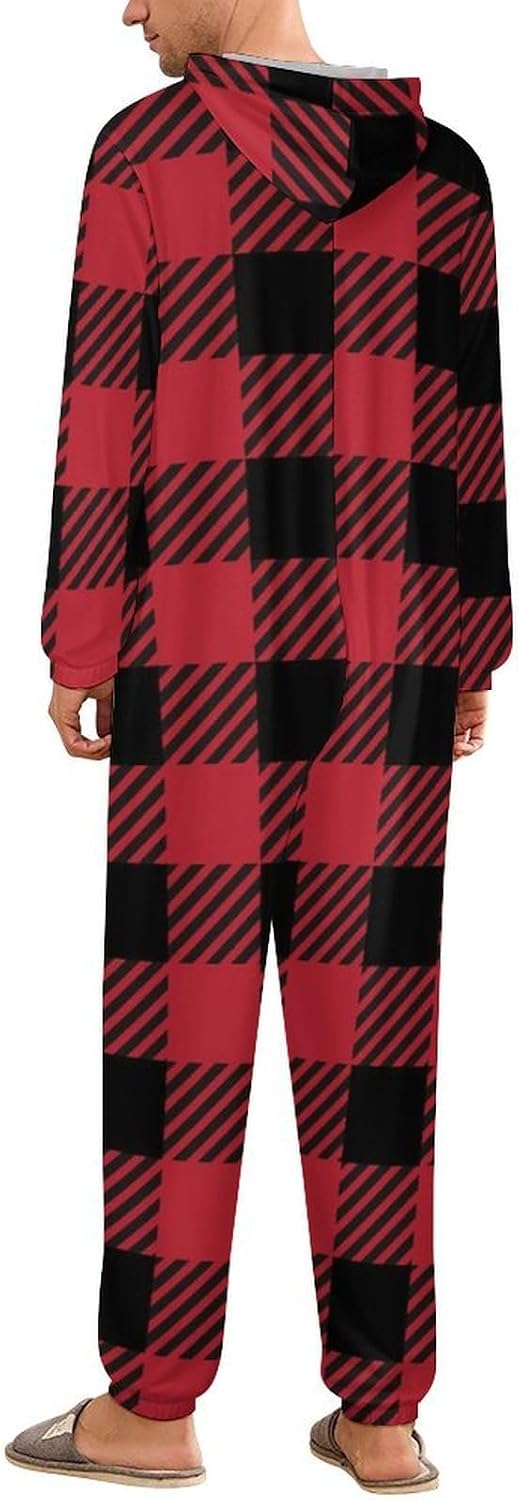 Red Lumberjack Buffalo Plaid Adult Pajamas Onesie with Hood Pocket Jumpsuits One Piece Sleepwear