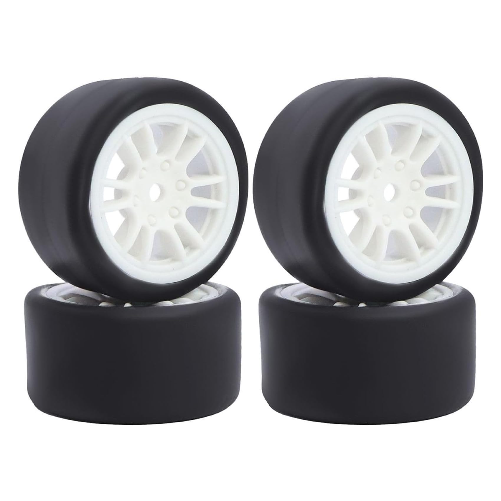 KINGCOO 4PCS Pre-Mounted On-Road Drift Racing Smooth Rubber Tires and Wheel Rims Set 7MM Hex for 1/28 Losi Micro-T WL244016 RC Car Upgrades Parts (12Spoke-White)