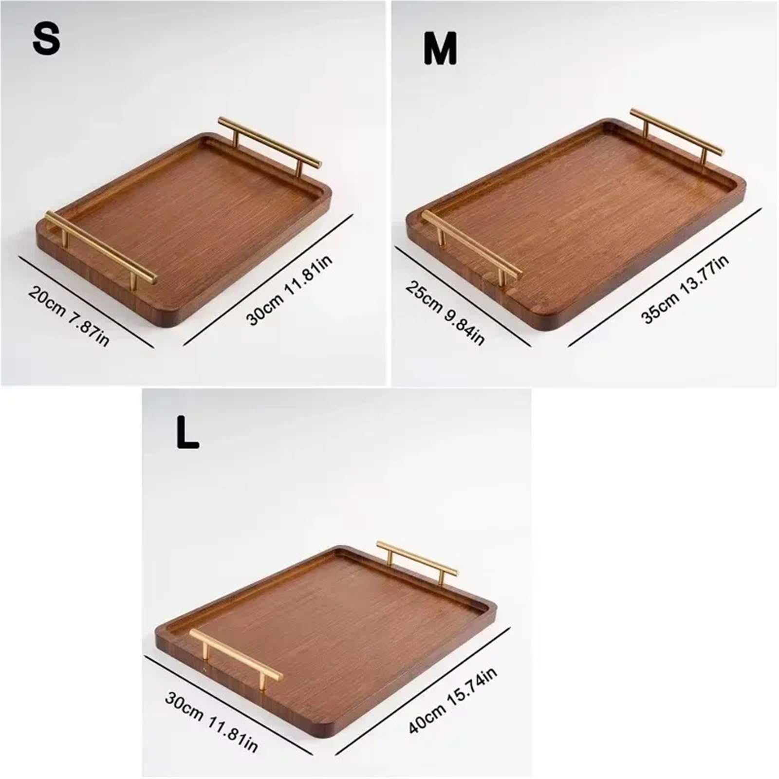 Bandeja Rectangular de Madera con asa de Metal Dorado para Servir Agua, Frutas, Comida y artículos Diversos (36 x 25 x 5 cm)