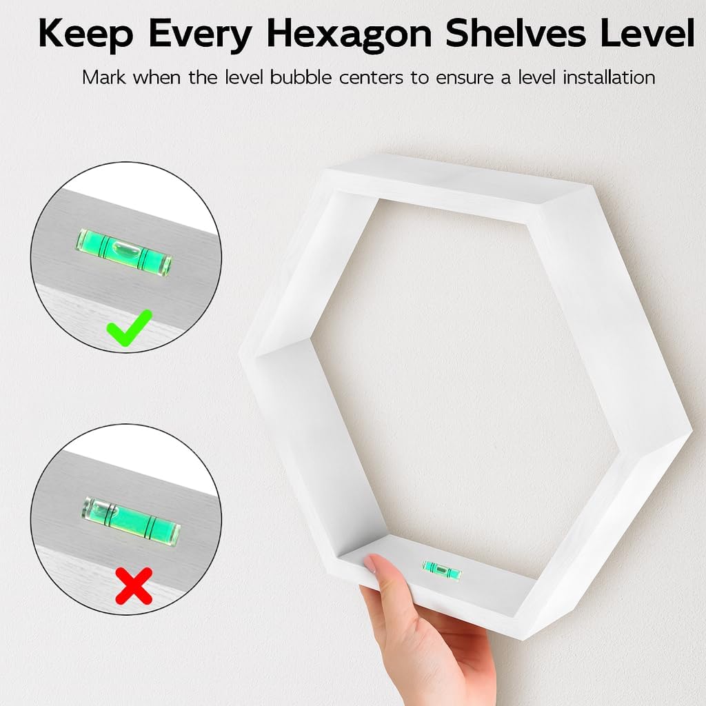 CADUKE Hexagon Floating Shelves Set of 3, White Wooden Hexagon Shelves for Wall Decor, Modern Honeycomb Floating Hanging Shelf, Decorative Wall Organizer for Living Room, Bedroom, Bathroom