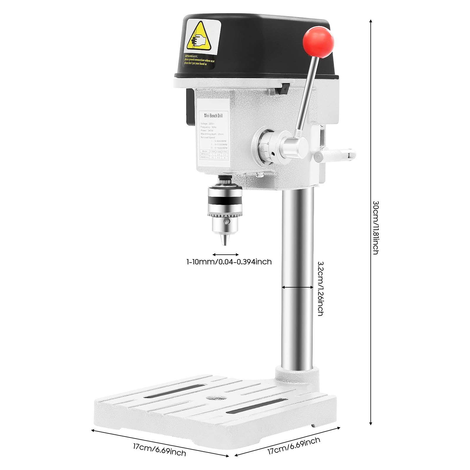Trapano a colonna in ghisa da 340 W, con 3 velocità, profondità di foratura 25 mm, mini trapano da tavolo, regolazione della velocità, trapano da banca, ferro (diametro ≤0,24 in)/legno (diametro ≤