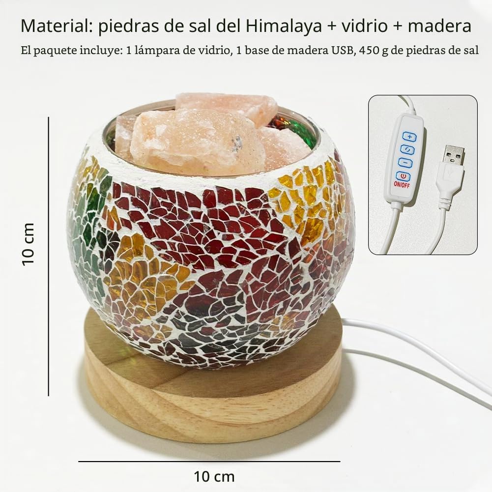 Lámpara de cristal de mosaico de sal del Himalaya, lámpara de noche luminosa con 3 ajustes de intensidad de luz, enchufe USB, base de madera, difusor de aroma para yoga, spa, meditación, color