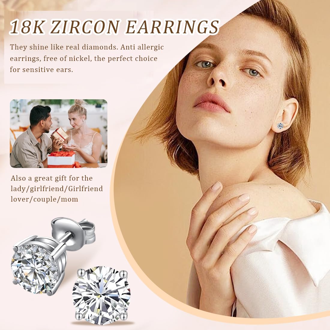 5 Paia Set di Orecchini in Argento, Orecchini a Bottone con Diamanti, Orecchini con Zirconi Cubici Quadrati Rotondi, Orecchini a Bottone Ipoallergenici per Donna Uomo 3, 4, 5, 6, 8 mm