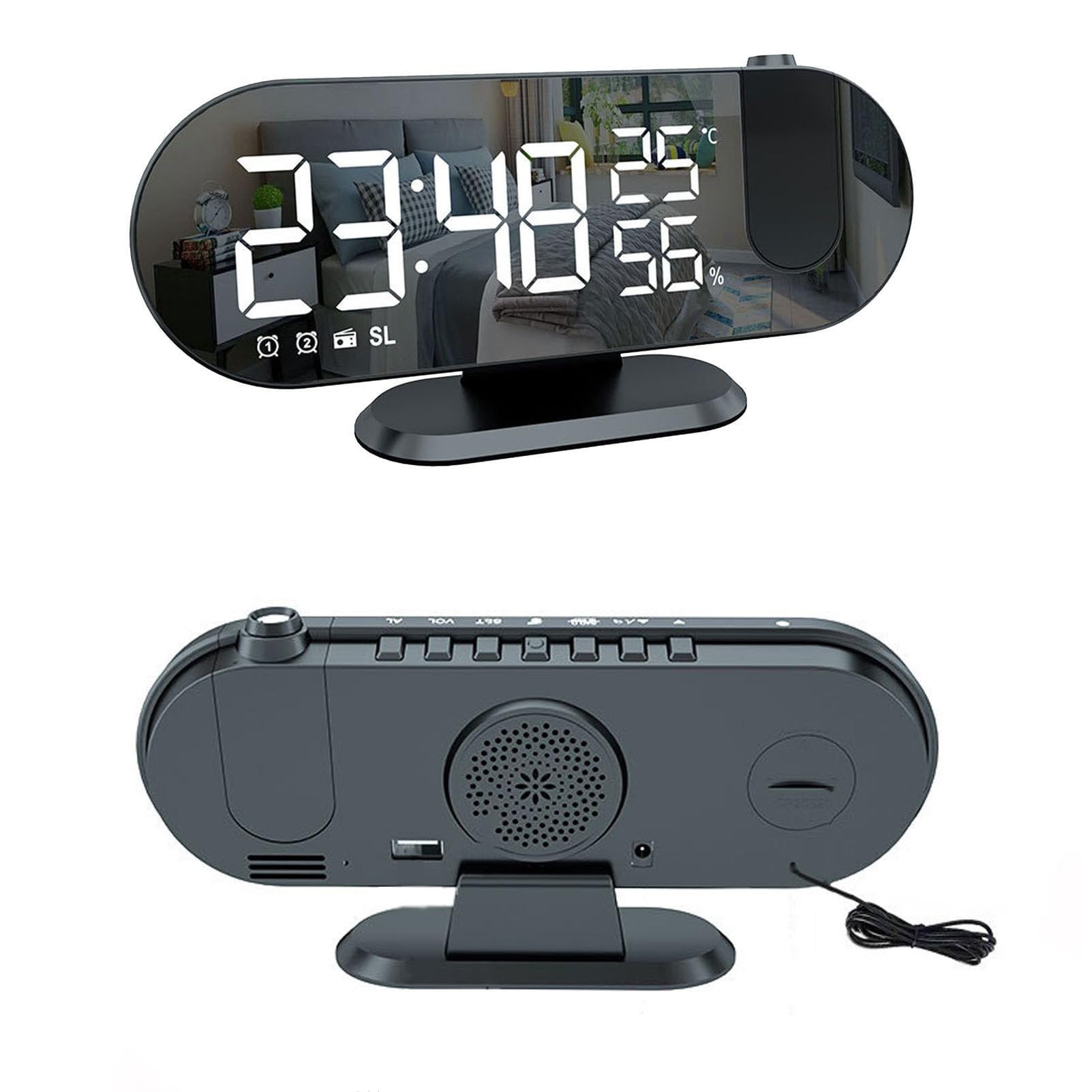 Reloj despertador de proyección con radio FM, reloj digital con puerto de carga USB, función de repetición, pantalla LED de espejo, brillo ajustable para dormitorios