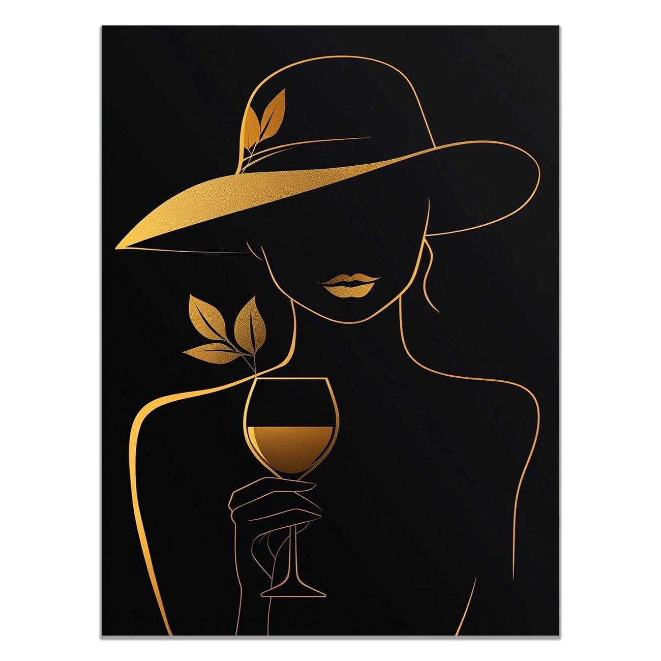 QUSAAOU Fashion Canvas Wall Woman Silhouette with Gold Hat Holding Wine Glass Living Room Bedroom African American Woman Wall Decor Art Wall For Home Afro Woman Poster And Prints -80x120cm Unframed