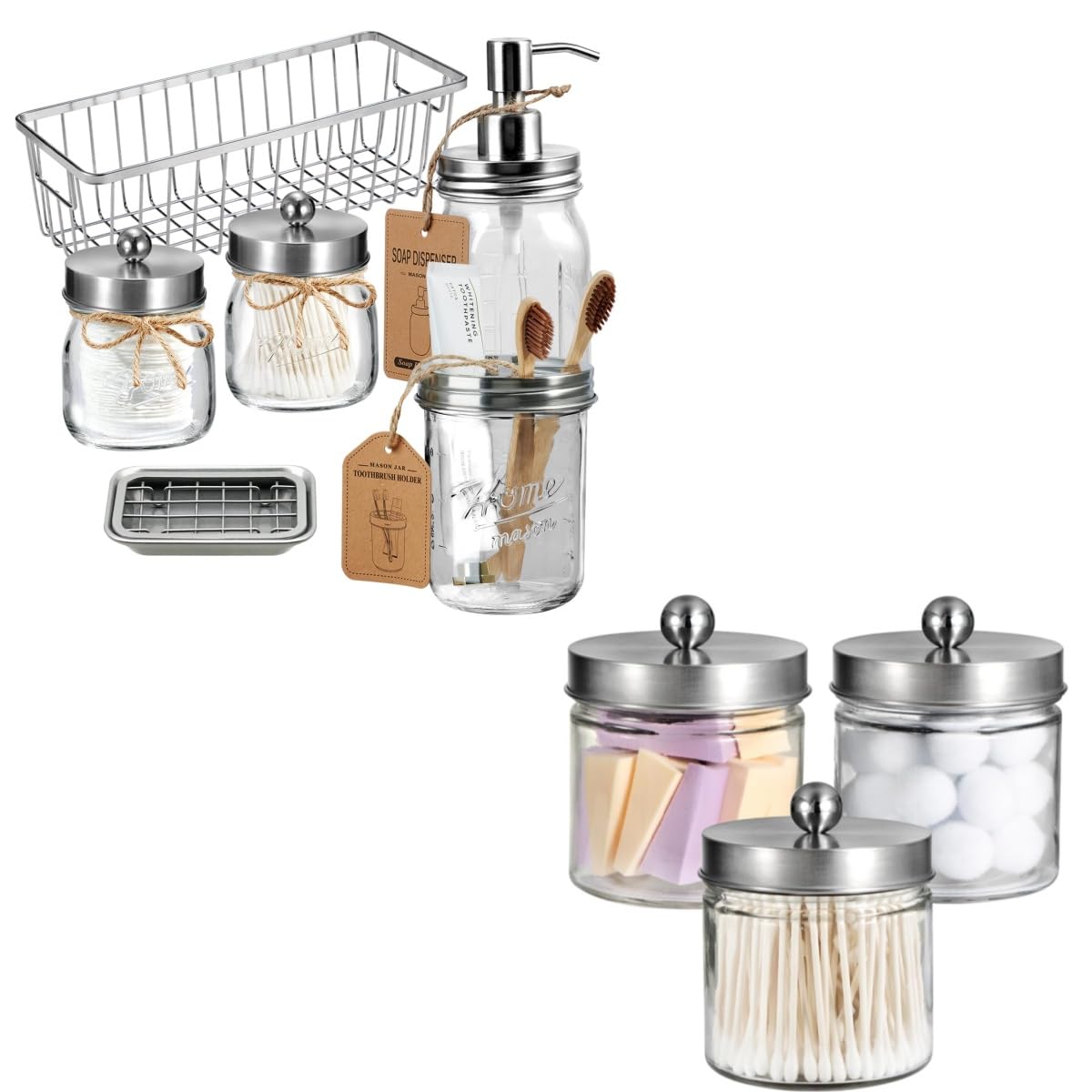 SheeChung 3 Pack Qtip Holder Apothecary Jars with Lid 6Pcs Mason Jar Bathroom Accessories Set Soap Dispenser Toothbrush