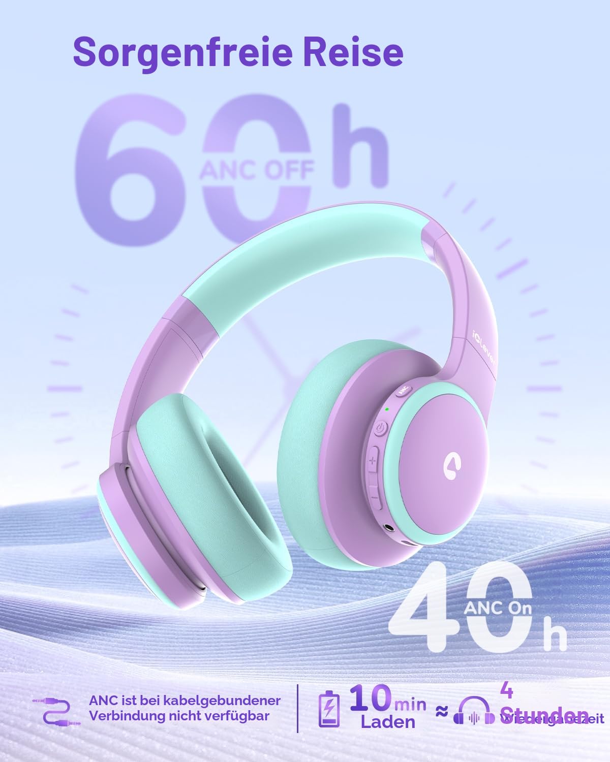iClever Noise Cancelling Bluetooth Kopfhörer Kinder, 60 Spielzeit, Sichere Lautstärke 80 dBA, Typ-C-Schnellladung, Bluetooth 5.4, Kinder Kopfhörer mit Mikrofon-AUX-Kabel für iPad, Lila