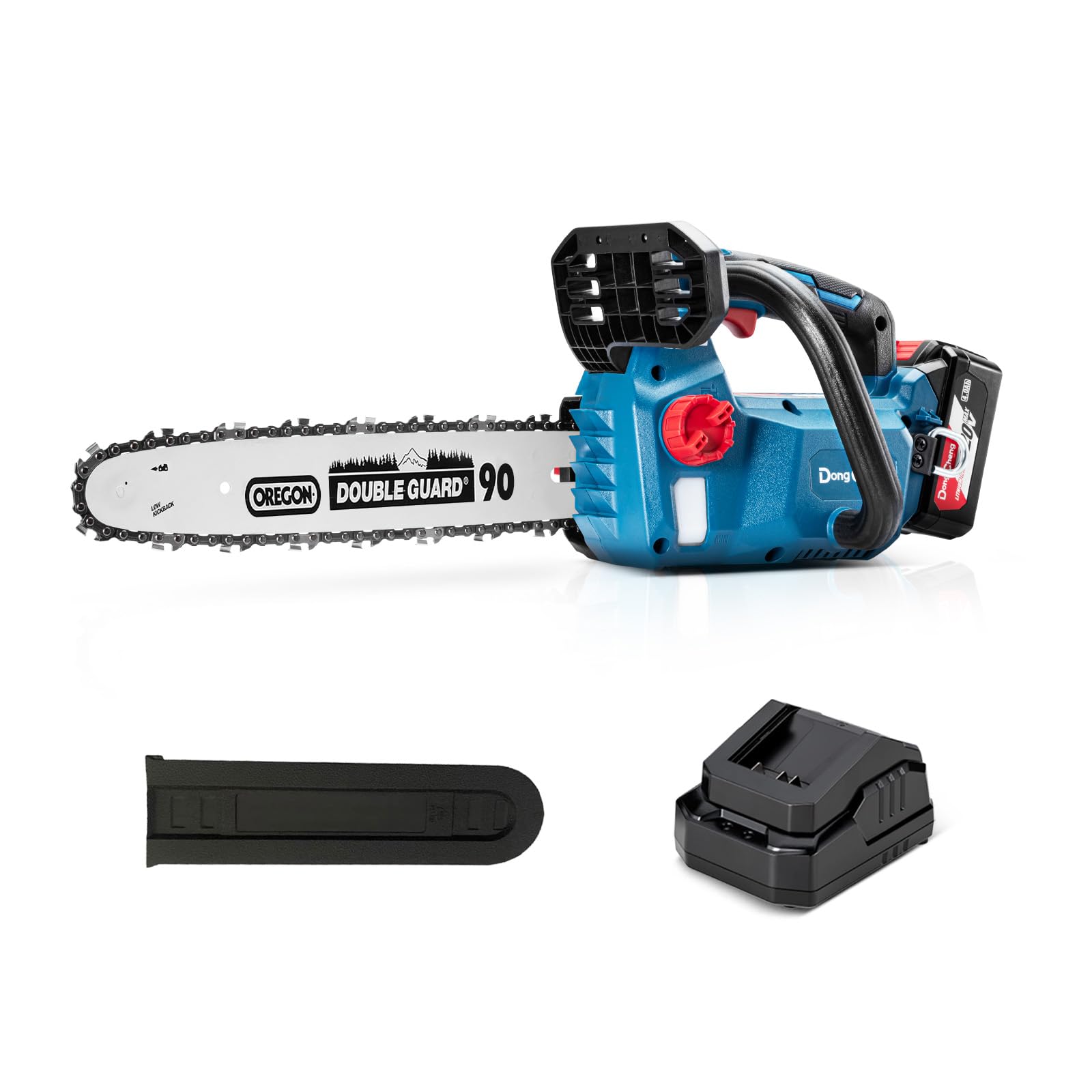 DongCheng Motosierra a batería 20V, motor sin escobillas, guía OREGON de 30 cm, tensión sin herramientas, lubricación automática, con batería de 4,0 Ah