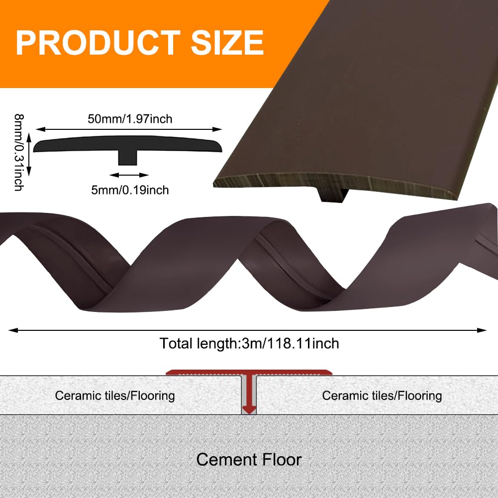 Profil przejściowy profil T, 5 x 300 cm, listwa przejściowa samoprzylepna PCW, listwa progowa drzwi, możliwość przycięcia, profil przejściowy do podłóg łączących, parkietów, laminatów (brązowy)
