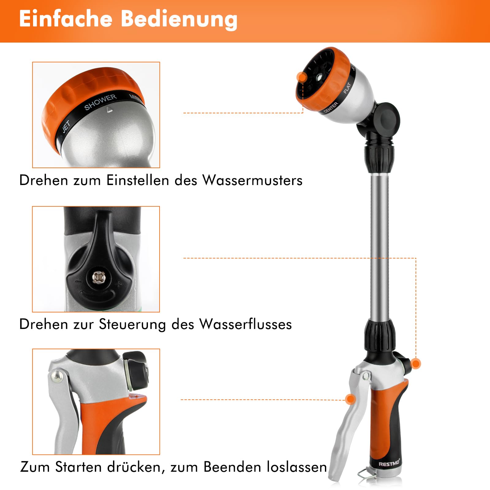 RESTMO Garten Gießstab Metall, 42cm Lang Gartenbrause mit Stiel, 180° schwenkbaren Kopf Stabbrause mit Durchflusskontrolle, 7 Sprühbilder Bewässerung Zauberstab für Blumenampeln und Sträucher, Orange