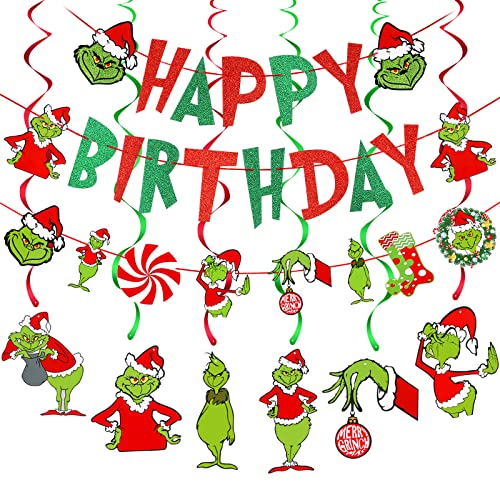 Grinch Happy Birthday Banner Rot Grün Der Grinch Geburtstag Banner für Grinch Happy Birthday Dekorationen, Grinch Weihnachten Geburtstag Party Dekorationen Cover