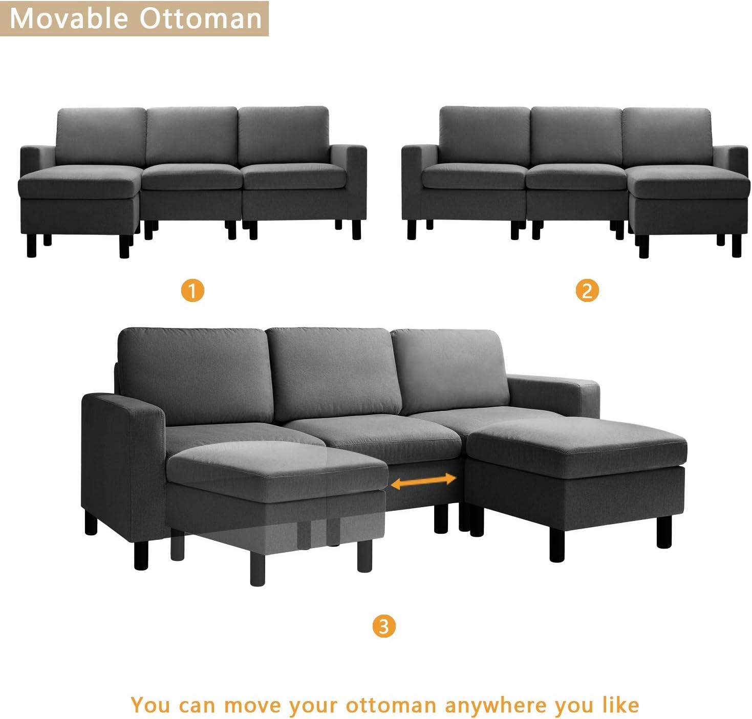 BOSSIN Mini 77''Convertible Sectional Sofa Couch, Small Modern Linen Fabric L-Shaped Couch 3-Seat Sofa Sectional with Reversible Chaise for Small Living Room, Apartment and Small Space (Dark Brown)