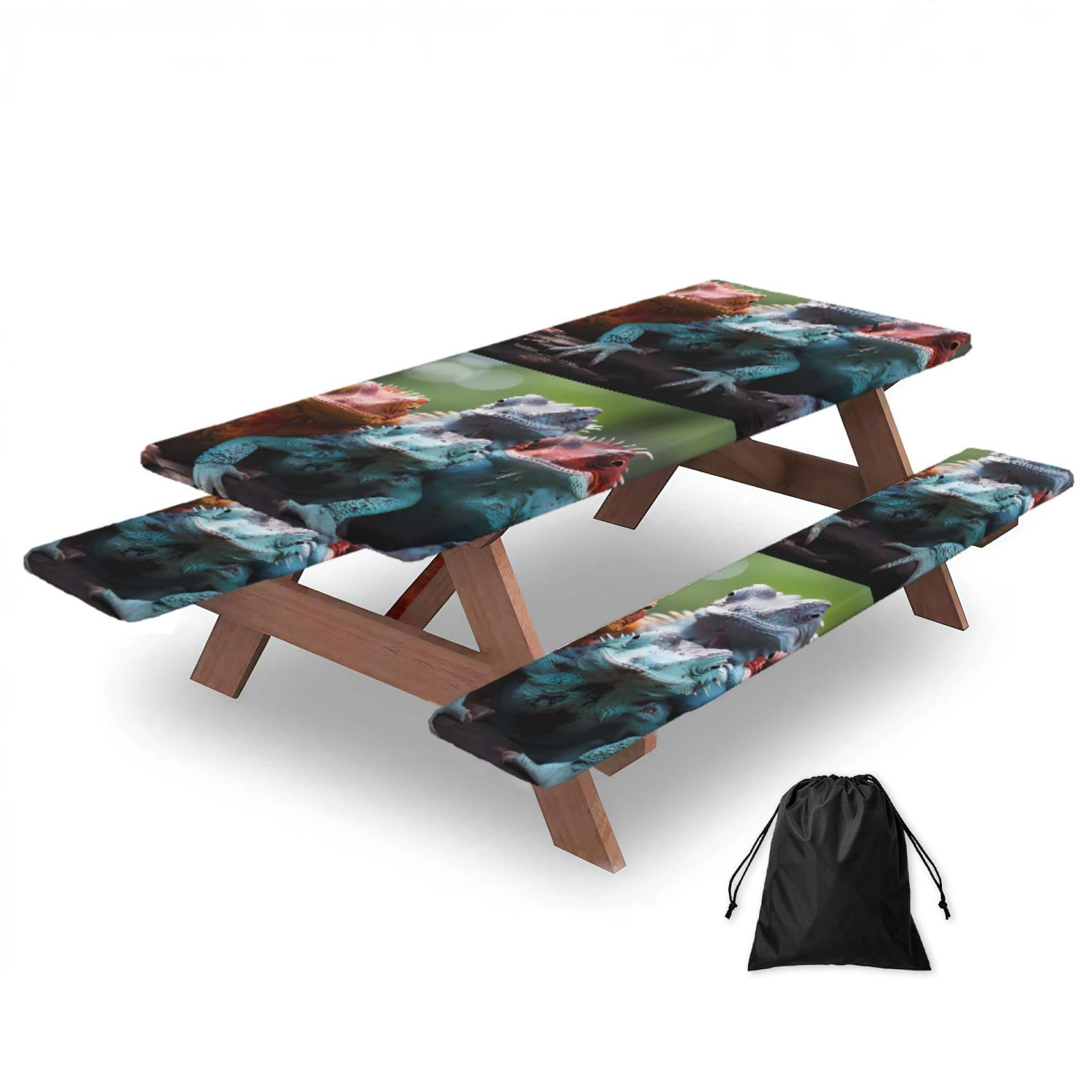 Hhbiuuo Black 72In Camping Table Cover & Bench Covers 3-Pack Set, 4 Colorful Lizards Print Tablecloths, For Rectangle Tables Picnic