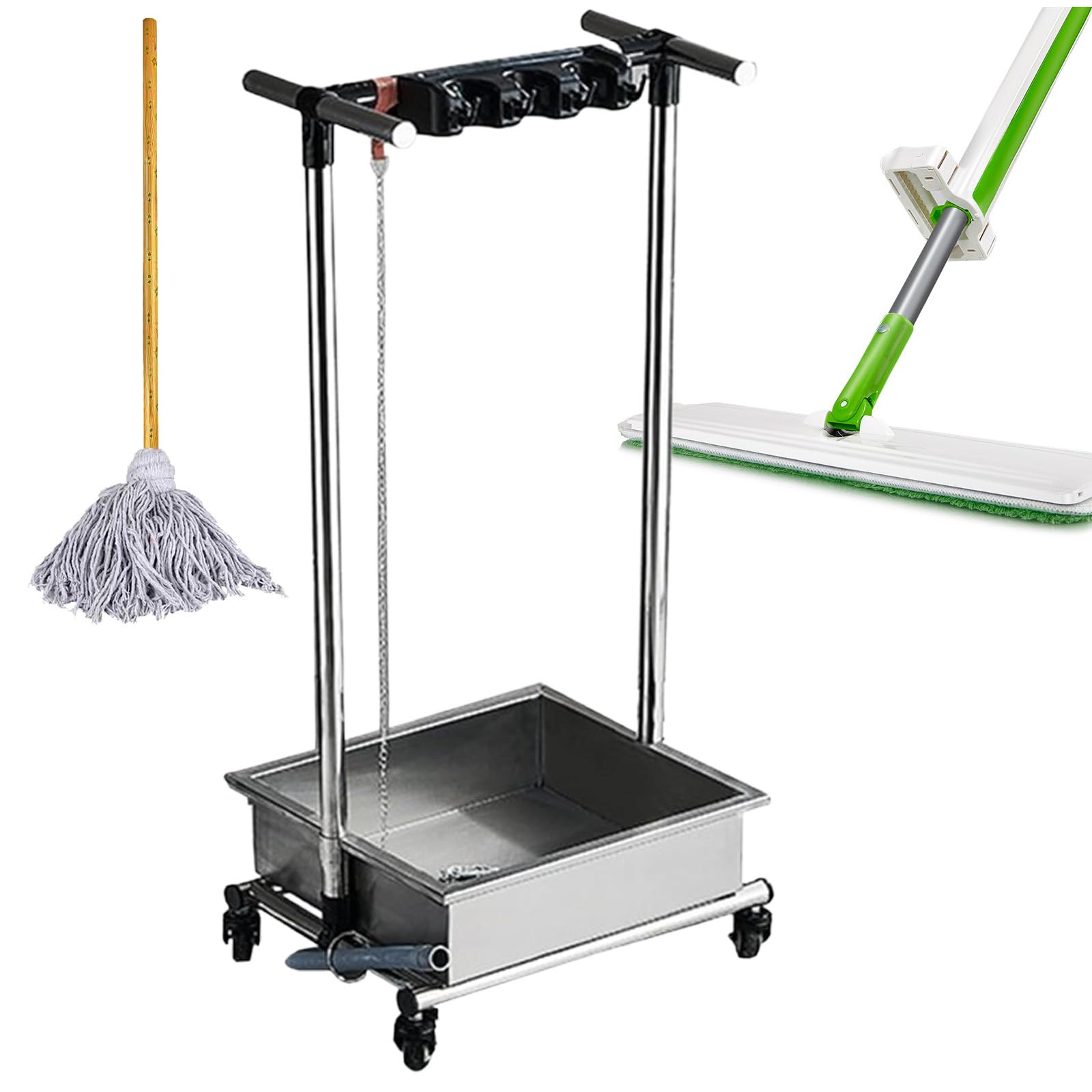 Soporte para escoba, carrito de limpieza con ruedas, con tanque de agua, carrito de limpieza de 44 cm, acero inoxidable, para el hogar, lavandería, garaje, jardín