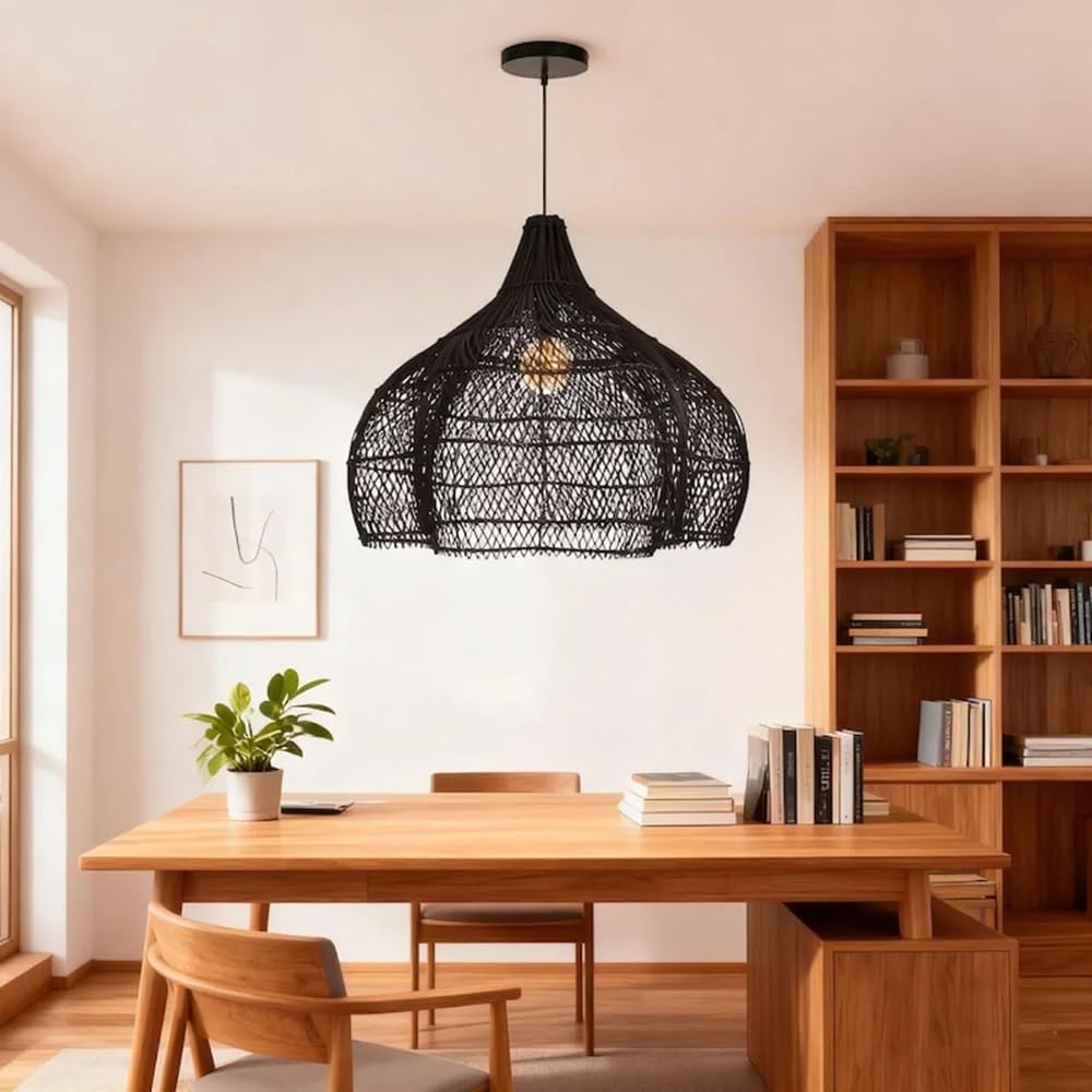 XQIDIANAA Black Rattan Woven Pendant Lighting Fixture Lamp Shades, Hand-Woven Ceiling Chandelier, Handmade Hanging Light Crafts Lampshade W 23.6"