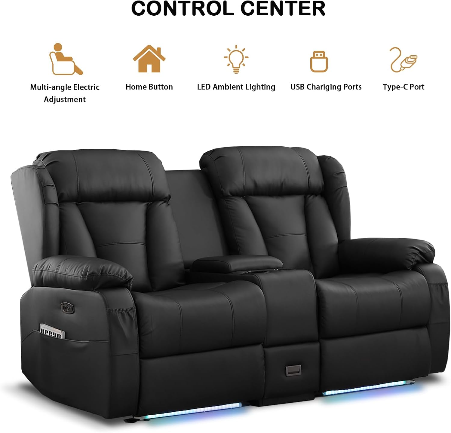 66" Power Loveseat Recliner Sofa, Home Theater Seating with Console, Electric Recliner RV Sofa with USB/Type-C/Storage/Side Pocket/LED Light for Travel Trailers (Black)