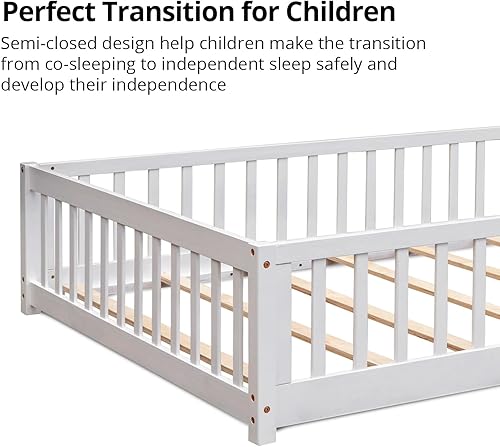 Miniatura 6 de LLS Cama de suelo completo para niños, cama Montessori duradera con listones de madera, valla de seguridad y puerta pequeña, marco de cama de piso