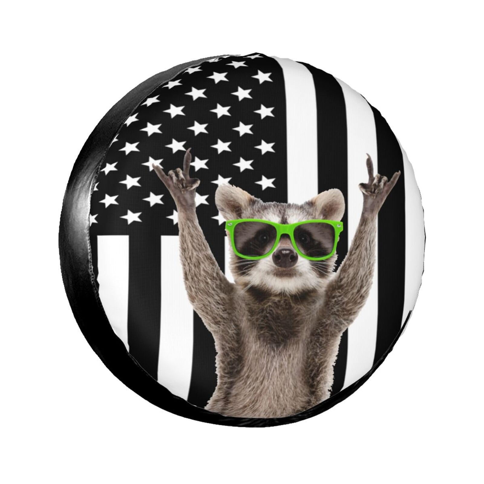 Black White Flag Raccoon Spare Tire Cover for Rv Trailer Camper Truck SUV - Cute Raccoon Animal Wheel Protectors Cover Waterproof Fabric for Travel Camping Outdoor,Universal Fit,16 inch