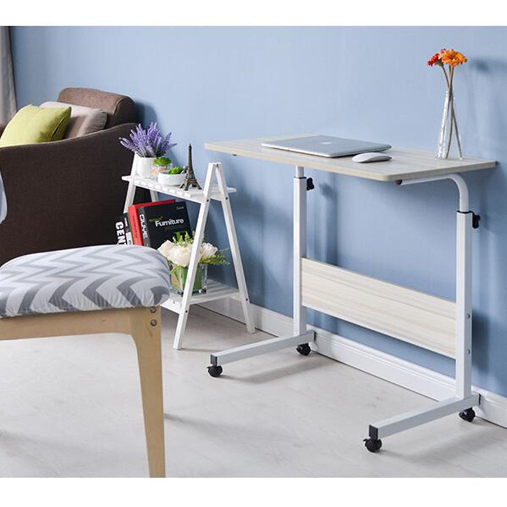 DlandHome Laptoptisch Höhenverstellbar mit Rollen 80 cm Betttisch Beistelltisch pflegetisch auf Rollen Computertische Mobiler Schreibtisch Laptop Ständer Tisch für krankenbett Büro Schlafzimmer Ahorn