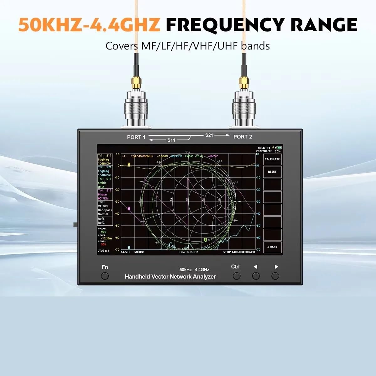 Analizador de red vectorial táctil IPS de 7 pulgadas, VNA portátil de 50 KHz-4,4 GHz, rango dinámico de 100 dB, analizador de antena