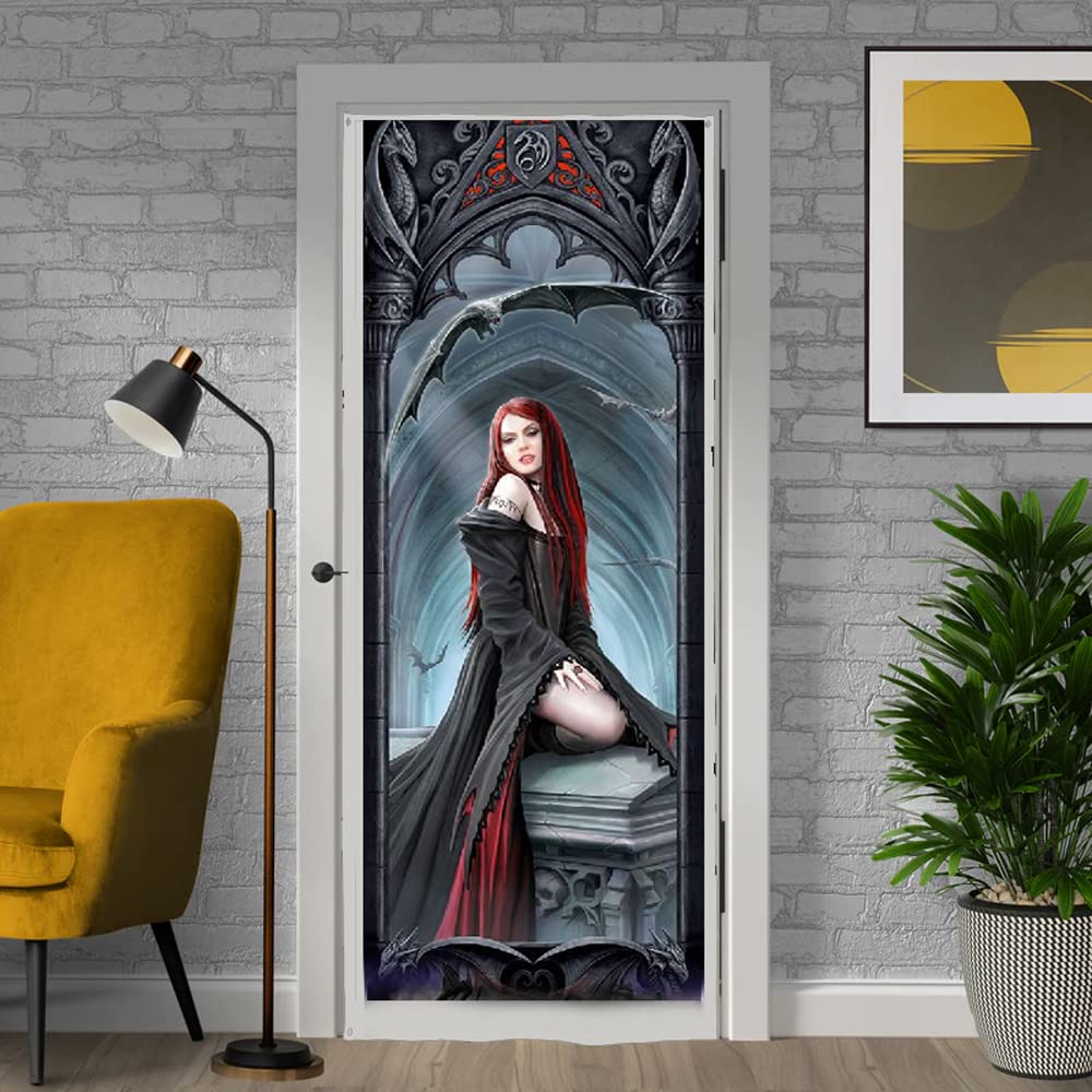 Await The Night Door Banner, Gothic Occult Home Bedroom Outdoor Decor, Anne Stokes Art, 190cm x 70cm