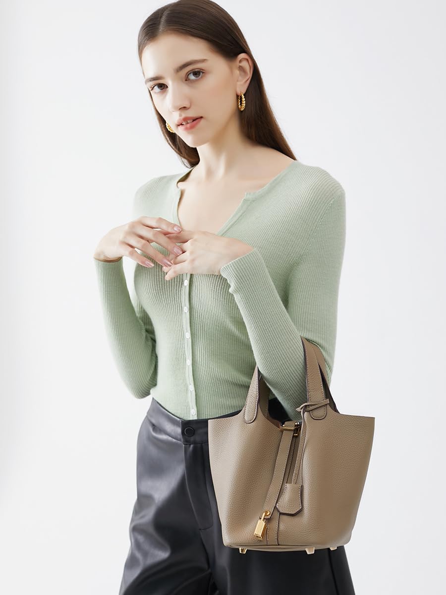 Monederos y bolsos de cuero genuino para mujer, moda de cuero genuino diseño de bloqueo de gran capacidad bolso de cubo casual de hombro, Gris