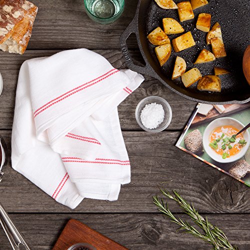 Bulk Economy Wholesale Kitchen Dish Towels (300 Towels) - 100% Cotton Herringbone - Commercial Grade - Bleach Resistant - Restaurant Bar Mops - 24 Oz/Dz - White With Red Stripes #TOP1