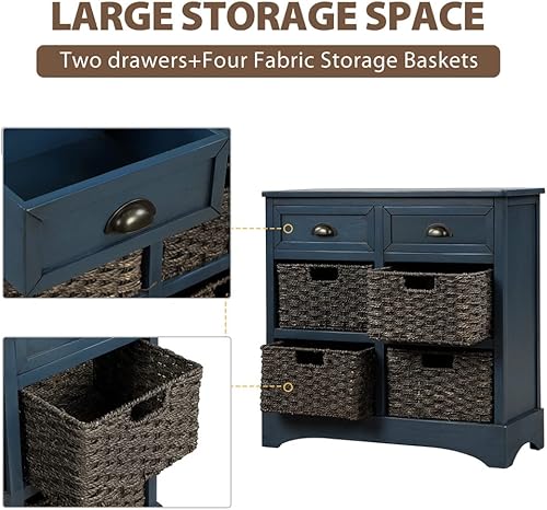 Miniatura 19 de Armario de almacenamiento rústico con dos cajones y cuatro cestas clásicas de ratán, mesa de consola de entrada de granja, mesa de sofá para sala de