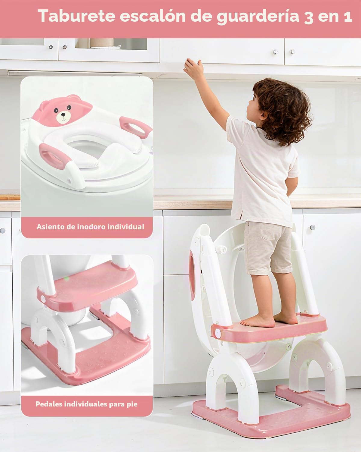 Asiento de inodoro para niños con escalera, 2 en 1, ajustable en altura, plegable, con asiento acolchado, antisalpicaduras y antideslizante, accesorio de inodoro para niños a partir de 1-6 años