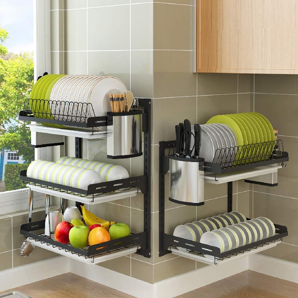 Estante de Almacenamiento de Cocina para el hogar, Estante de Drenaje para Platos montado en la Pared de Cocina de Acero Inoxidable 201 Negro con Jaula para Palillos, Soporte para Cuchillos, 2 Capas
