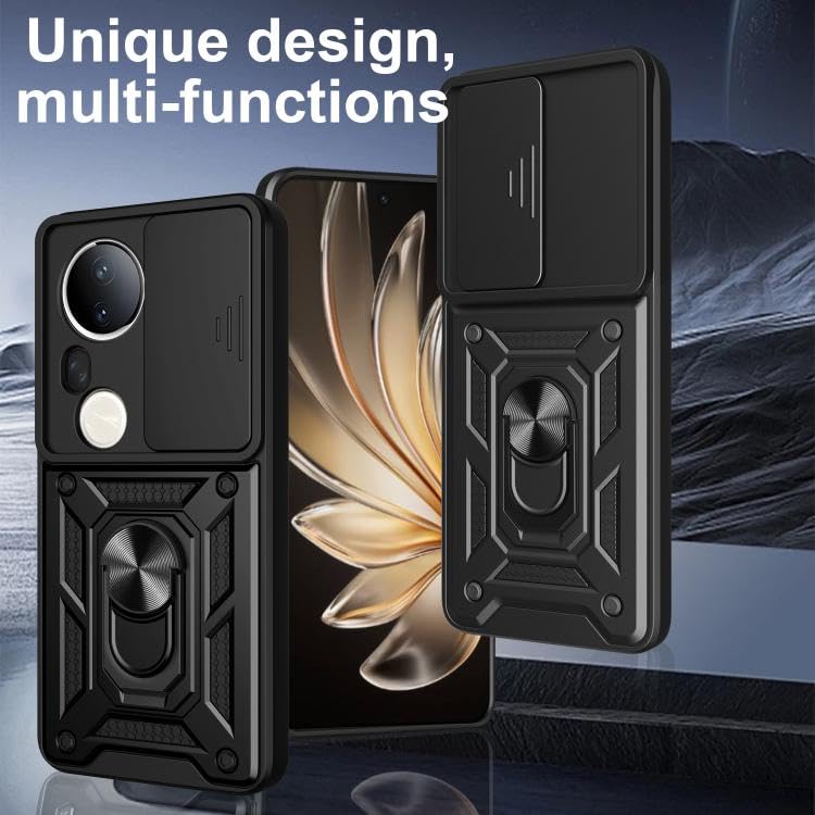 Image of SPAZY CASE Vivo T4 Ultra Back Cover | Heavy Duty Hybrid Case with 360 Degree Rotating Finger Ring Holder + Slider Shutter Camera Protection Case for Vivo T4 Ultra - Black
