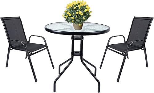 Vipush Juego de 3 muebles de patio al aire libre, mesa de patio y sillas para interiores para patio trasero, porche, piscina, césped, color negro