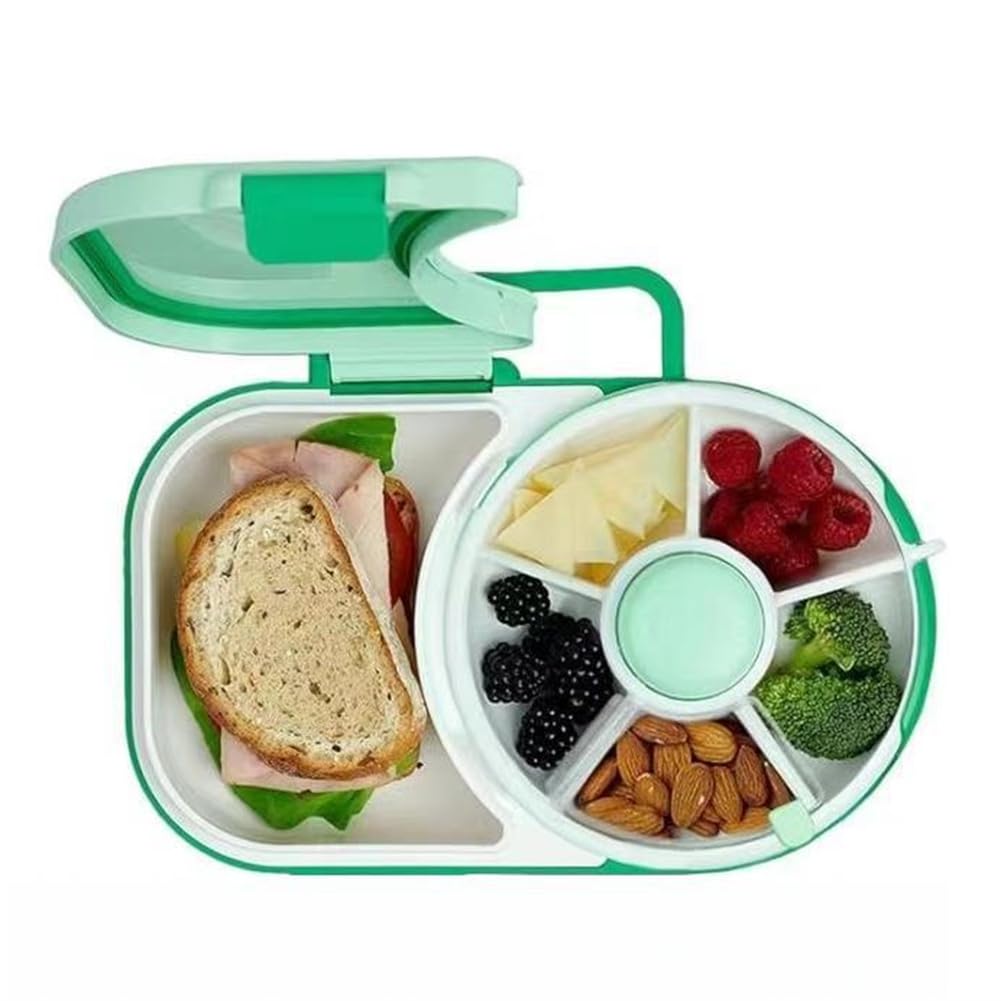 Wouueso Bento Style Lunch Box with Snack Spinner Divided Lunch Container with 6 Compartments Including Sandwich Tray and Fruit