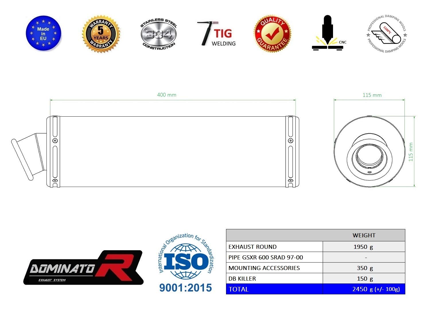 DOMINATOR Silenciador Escape ST compatible con GSXR 600 SRAD 1997-2000