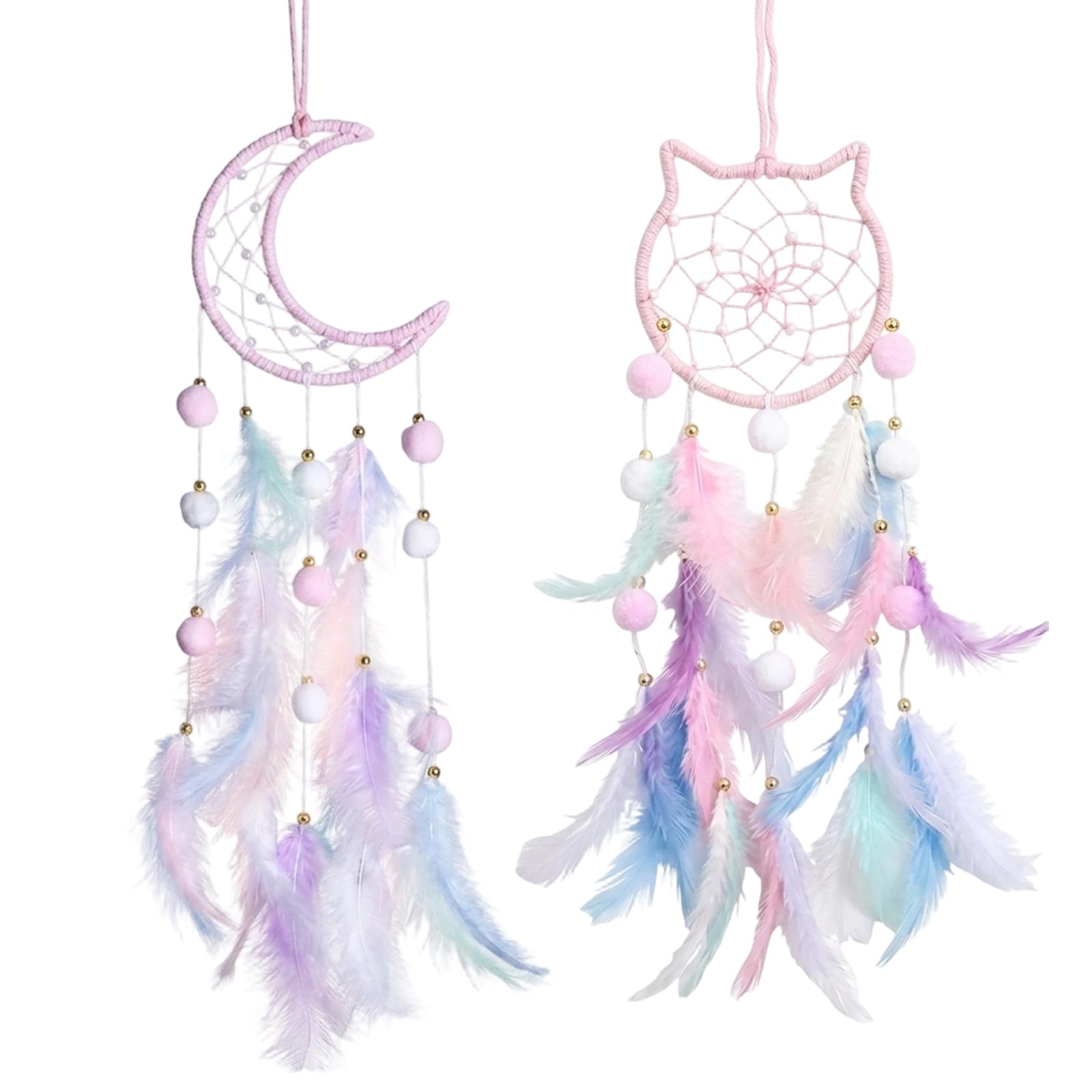 2PCS Dream Catcher, Dream Catcher For Girls, Dreamcatcher Set With Cat and Moon Designs, Handcrafted Decorative Wall Hanging, Home Decor for Bedroom and Living Space