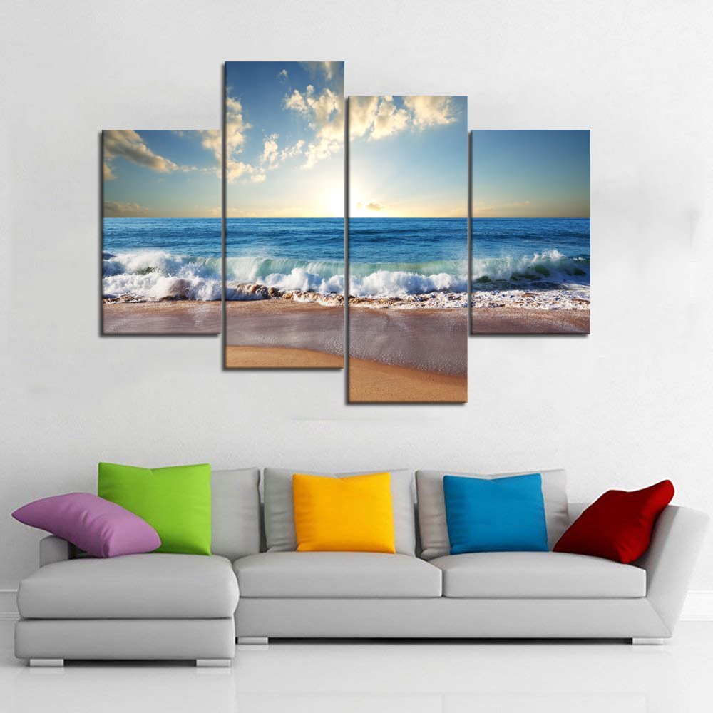 Amazon.co.jp: モダンな風景 ビーチ 海 波 絵画 キャンバス 4点