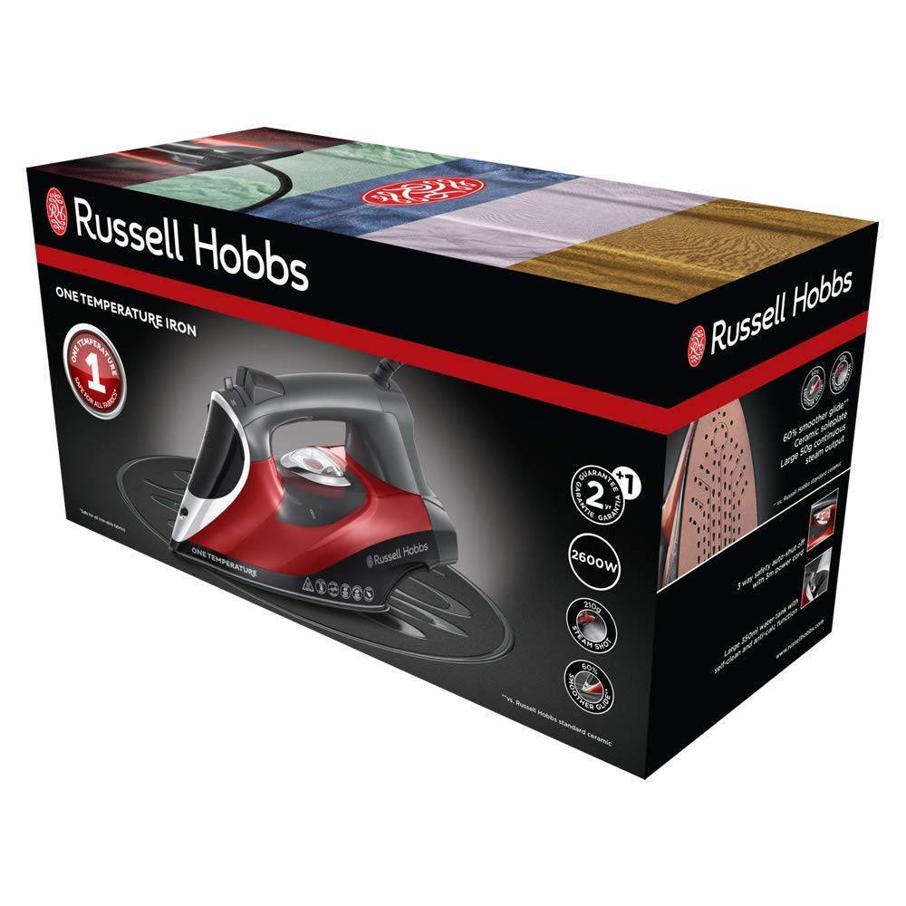 Russell Hobbs Plancha de Ropa One Temp - 2600 W, Suela de Cerámica con Turmalina, Tecnología One Temperature, Golpe Vapor 210g, Antical, Antigoteo, Función Autolimpieza, Rojo y Negro - 25090-56