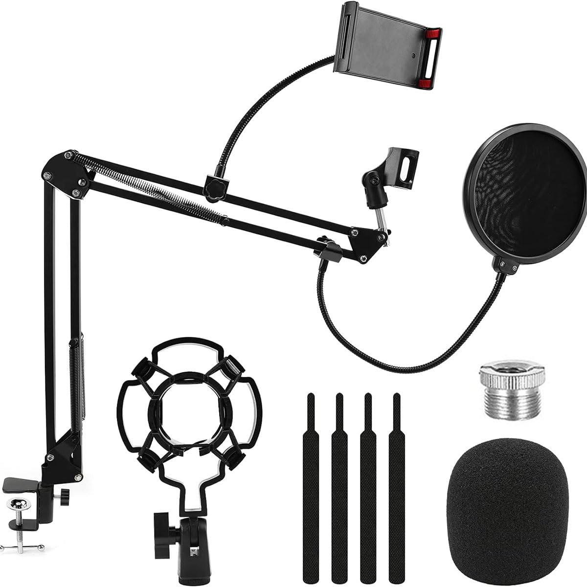 Joyzzz Microphone Stand, Adjustable Suspension Boom Scissor Mic Stand for Recording Equipment with Shock Mount, Portable Mic Clip Holder with Pop Filter, Table Clamp, Mic Cap and Cable Ties