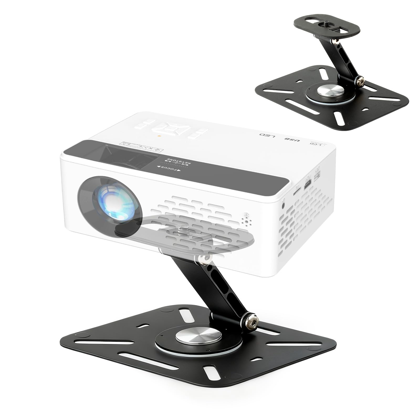 Supporto per proiettore con rotazione di 360° e inclinazione di 225° – Supporto pieghevole da tavolo/parete/soffitto | Compatibile con la maggior parte dei proiettori | Per casa, ufficio