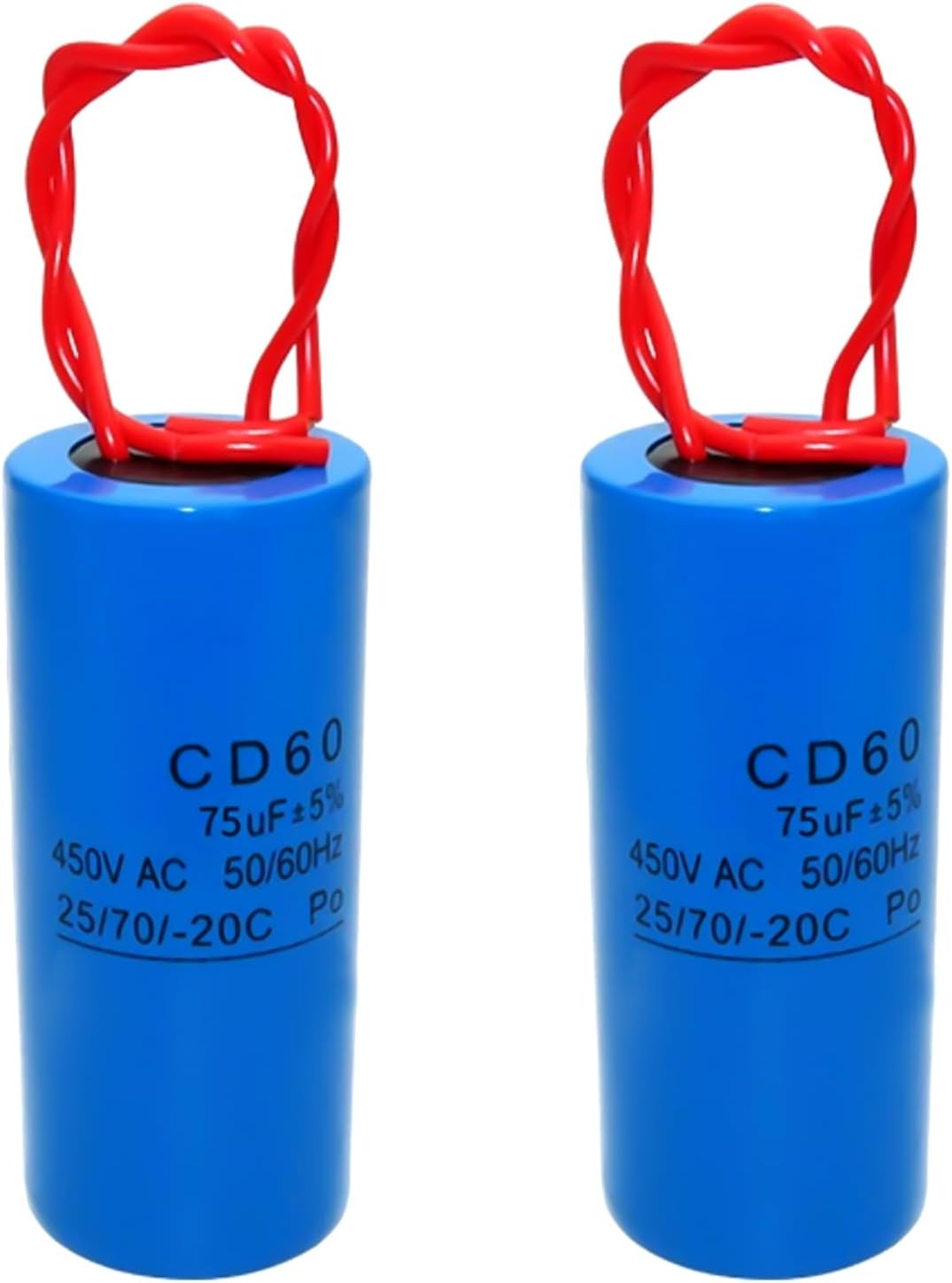 2Pcs CD60 Start Capacitor, 75uF/450V 3.15 * 1.37in (80 * 35mm) Round Motor Starting and Run Capacitor with 2 Wires for Air Compressor Washing Machine Pump