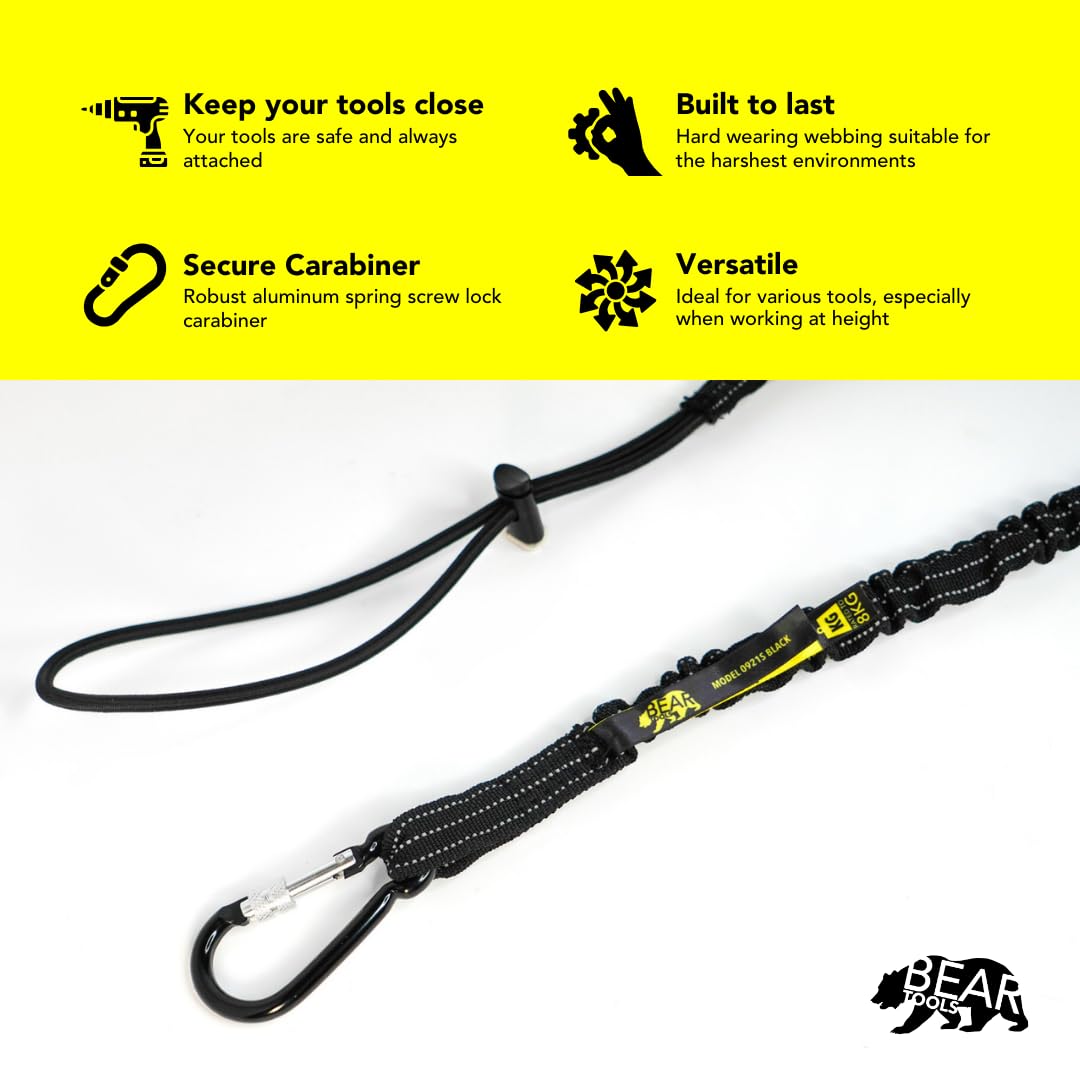 BearTOOLS Smycz narzędziowa z aluminiowym karabińczykiem z blokadą śrubową i regulowanym końcem pętli, standardowa długość, maksymalny limit wagi 8 kg / 17,6 funta, ogranicznik upadku ze stoperem sznurkowym, opakowanie 50 sztuk (czarny 09250S)